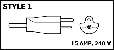 Style 1 replacement cord (240 V, 15 amp)