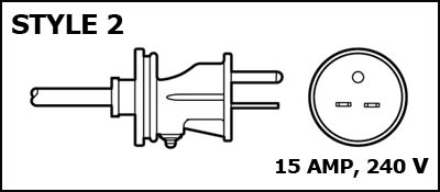 Style 2 replacement cord (240 V, 15 amp)