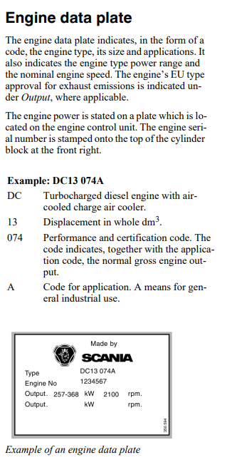 Scania Dataplate Reference from DC9 Operation Manual